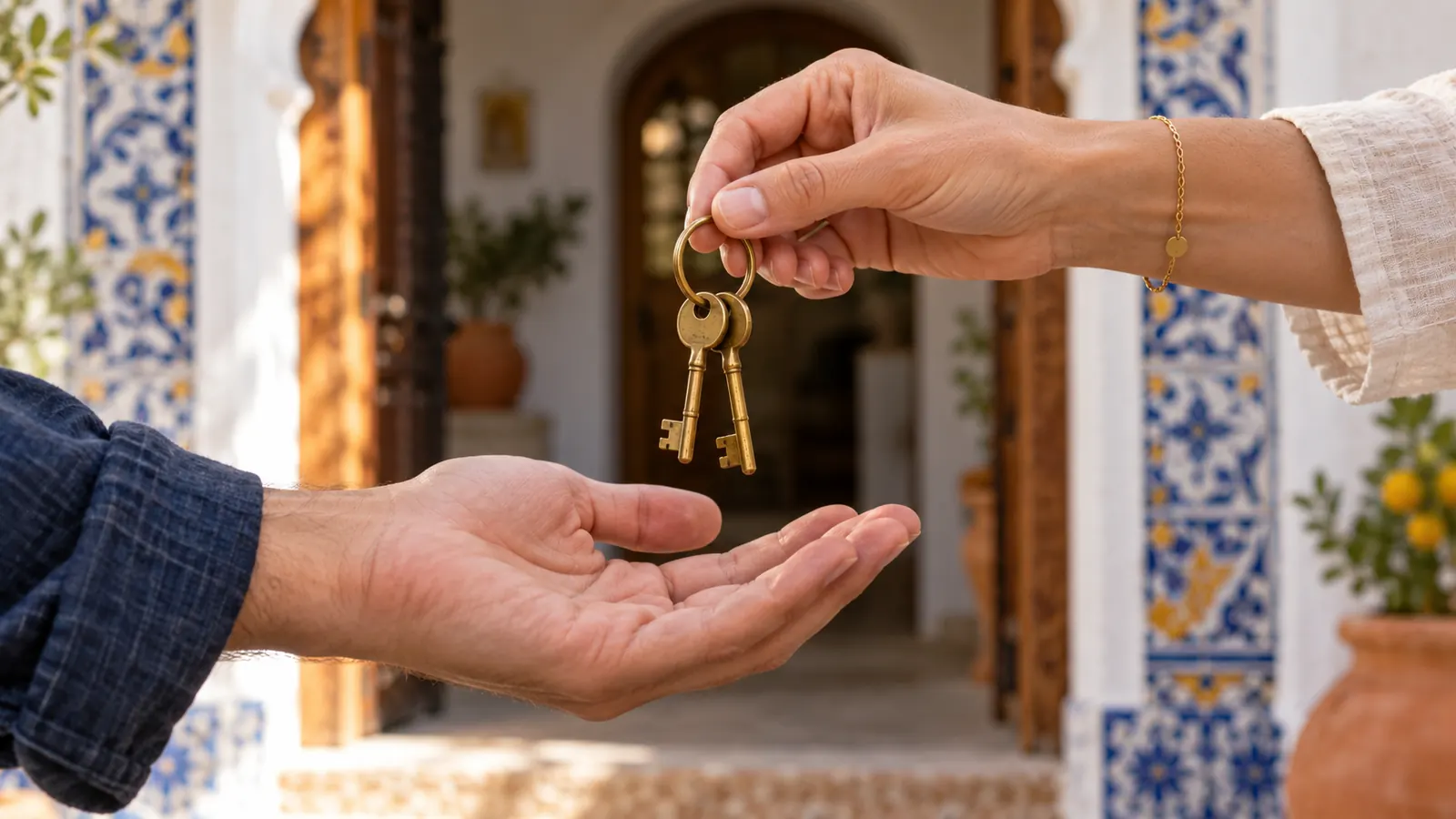 Brass keys handed over in front of a tiled arched doorway